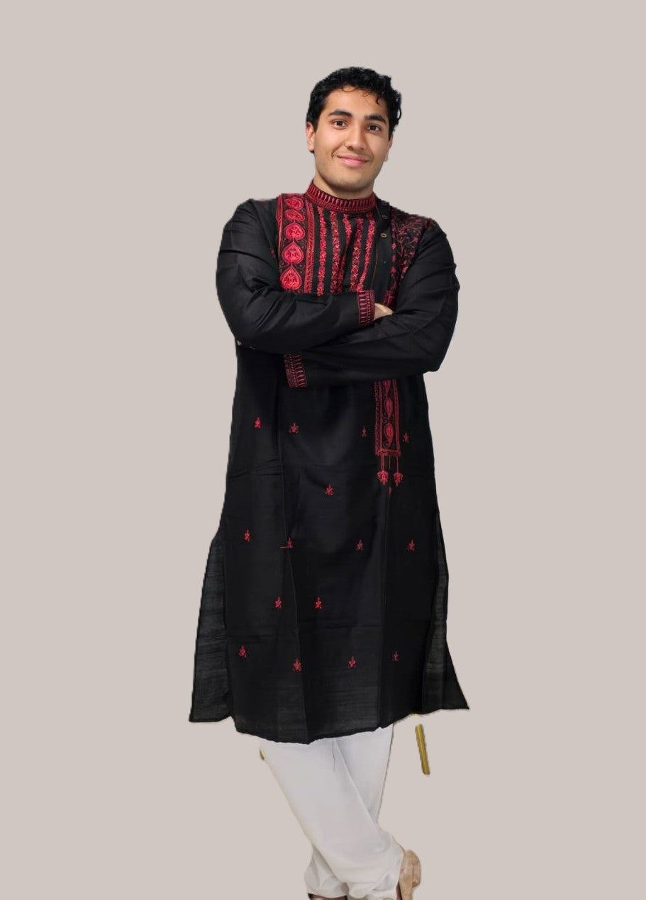 Men's black kurta with red thread embroidered mandarin collar and cuffs, side pockets, full sleeves with side closure - traditional Indian wear for social occasions and festivals