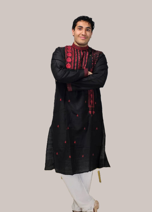Men's black kurta with red thread embroidered mandarin collar and cuffs, side pockets, full sleeves with side closure - traditional Indian wear for social occasions and festivals