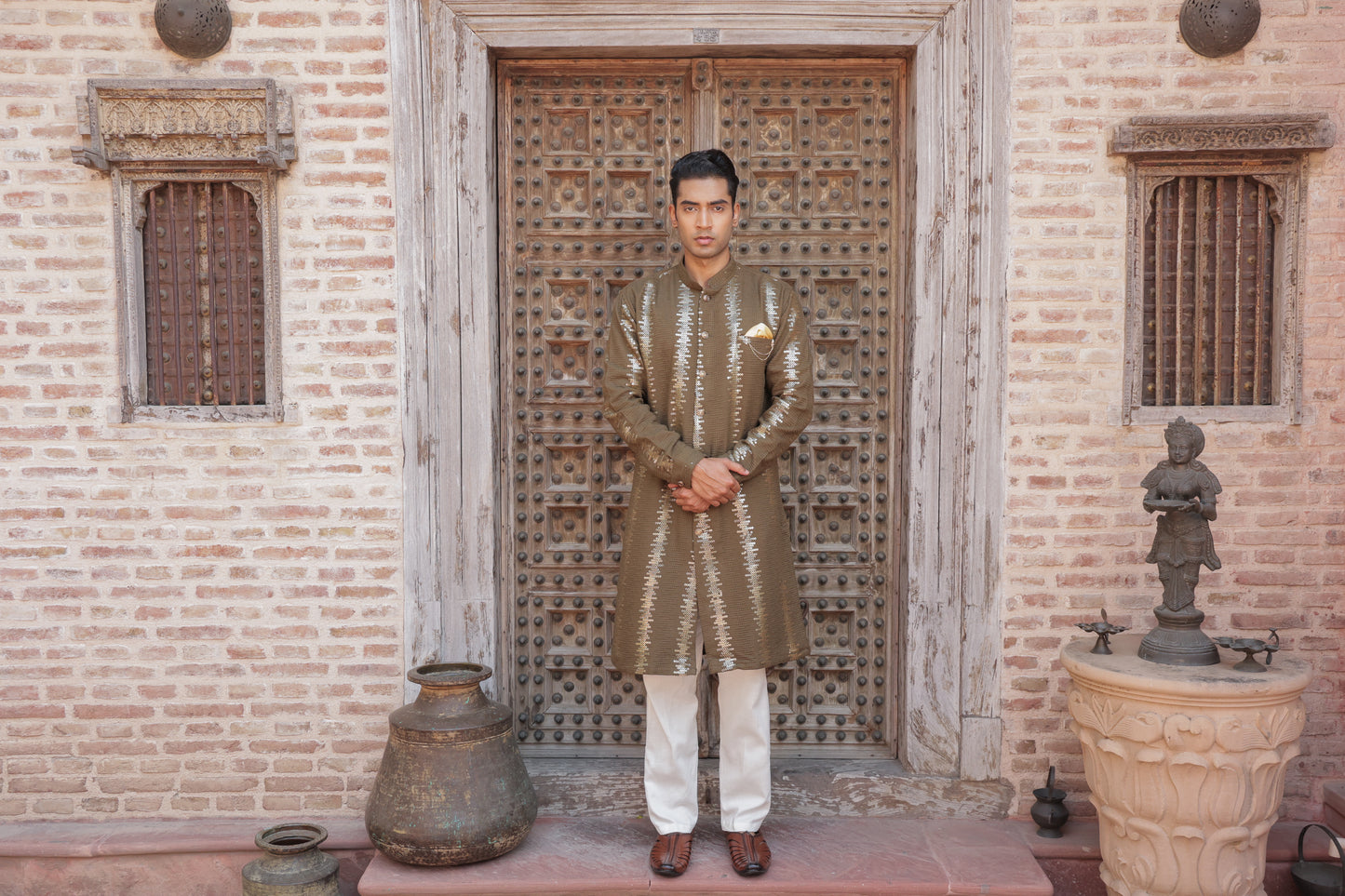 Men's henna or green kurta with golden embroidered in front paired with white churidar, mandarin collar, side pockets, full sleeves - premium Indian formal wear for weddings and special occasion