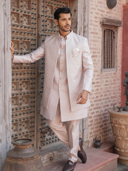 Men's soft pink 3-piece indo-western with detailed self embroidery - Indian ethnic wear for  wedding and festive occasions