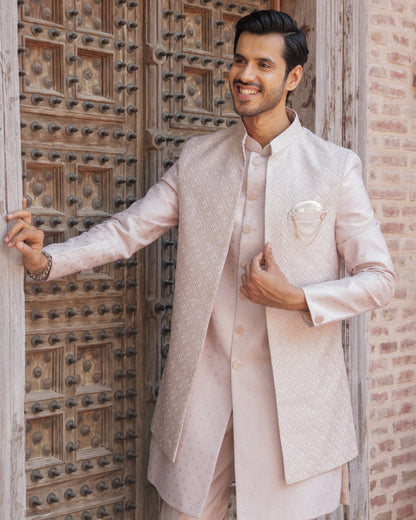 Men's soft pink 3-piece indo-western with detailed self embroidery - Indian ethnic wear for  wedding and festive occasions