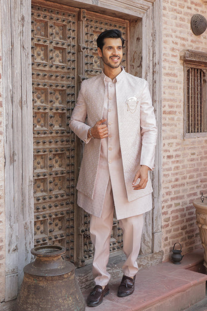 Men's soft pink 3-piece indo-western with detailed self embroidery - Indian ethnic wear for  wedding and festive occasions