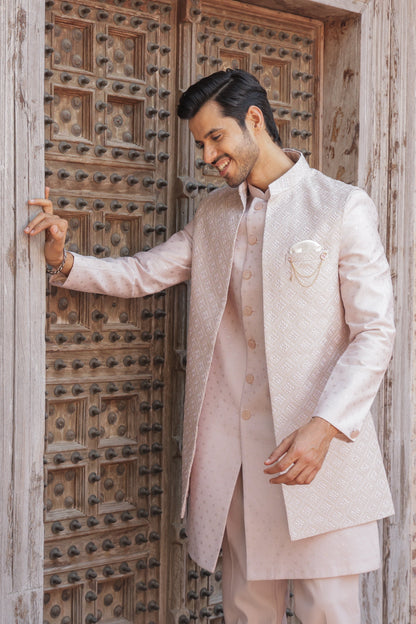 Men's soft pink 3-piece indo-western with detailed self embroidery - Indian ethnic wear for  wedding and festive occasions