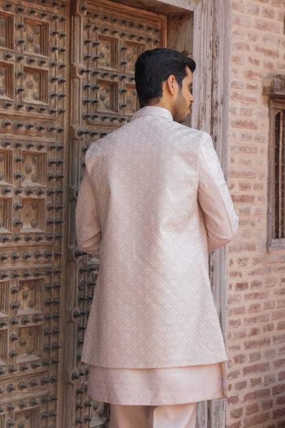 Men's soft pink 3-piece indo-western with detailed self embroidery - Indian ethnic wear for  wedding and festive occasions