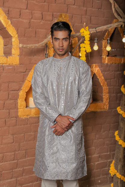 Men's elegant gray kurta with golden thread embroidery and mirror work for traditional Indian ethnic wear and festive occasions