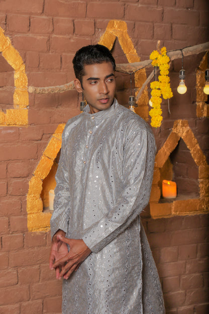 Men's elegant gray kurta with golden thread embroidery and mirror work for traditional Indian ethnic wear and festive occasions