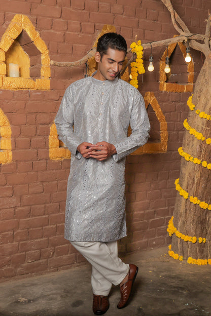 Men's elegant gray kurta with golden thread embroidery and mirror work for traditional Indian ethnic wear and festive occasions