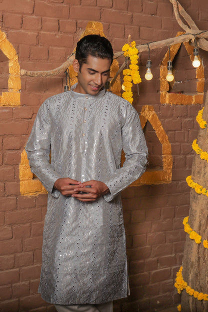 Men's elegant gray kurta with golden thread embroidery and mirror work for traditional Indian ethnic wear and festive occasions