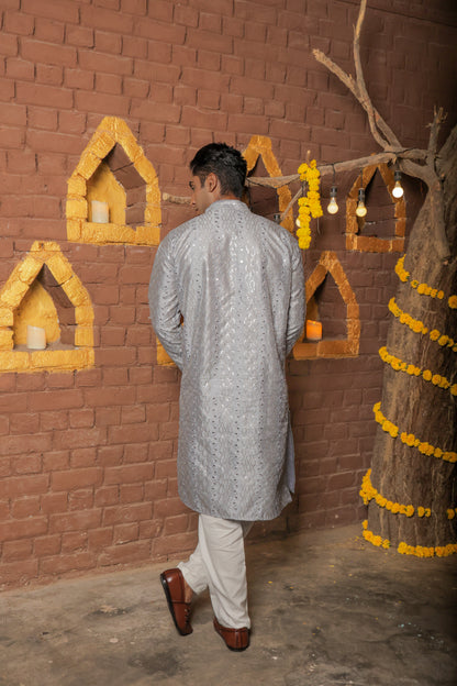 Men's elegant gray kurta with golden thread embroidery and mirror work for traditional Indian ethnic wear and festive occasions