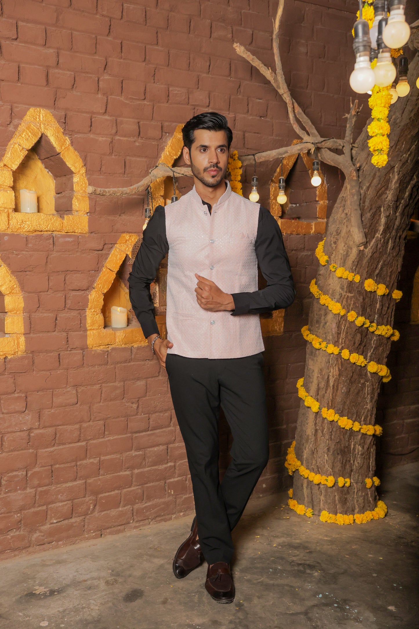 Nehru or Modi peach color jackets featuring self embroidery. Perfect for wearing on social occasions or wedding