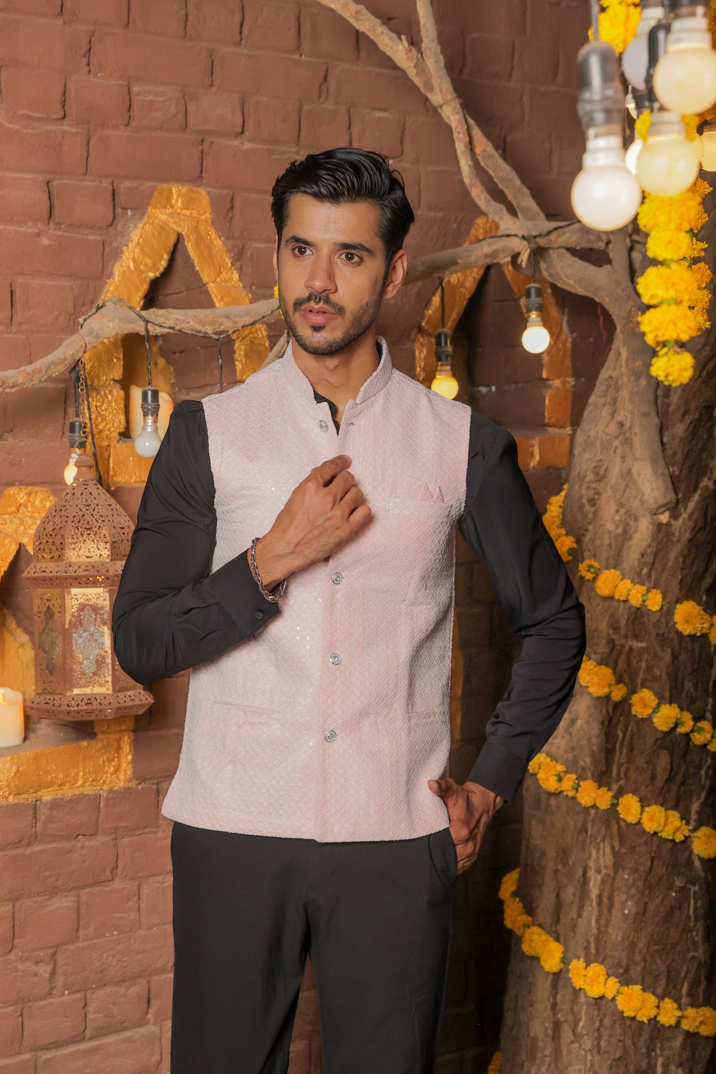 Nehru or Modi peach color jackets featuring self embroidery. Perfect for wearing on social occasions or wedding