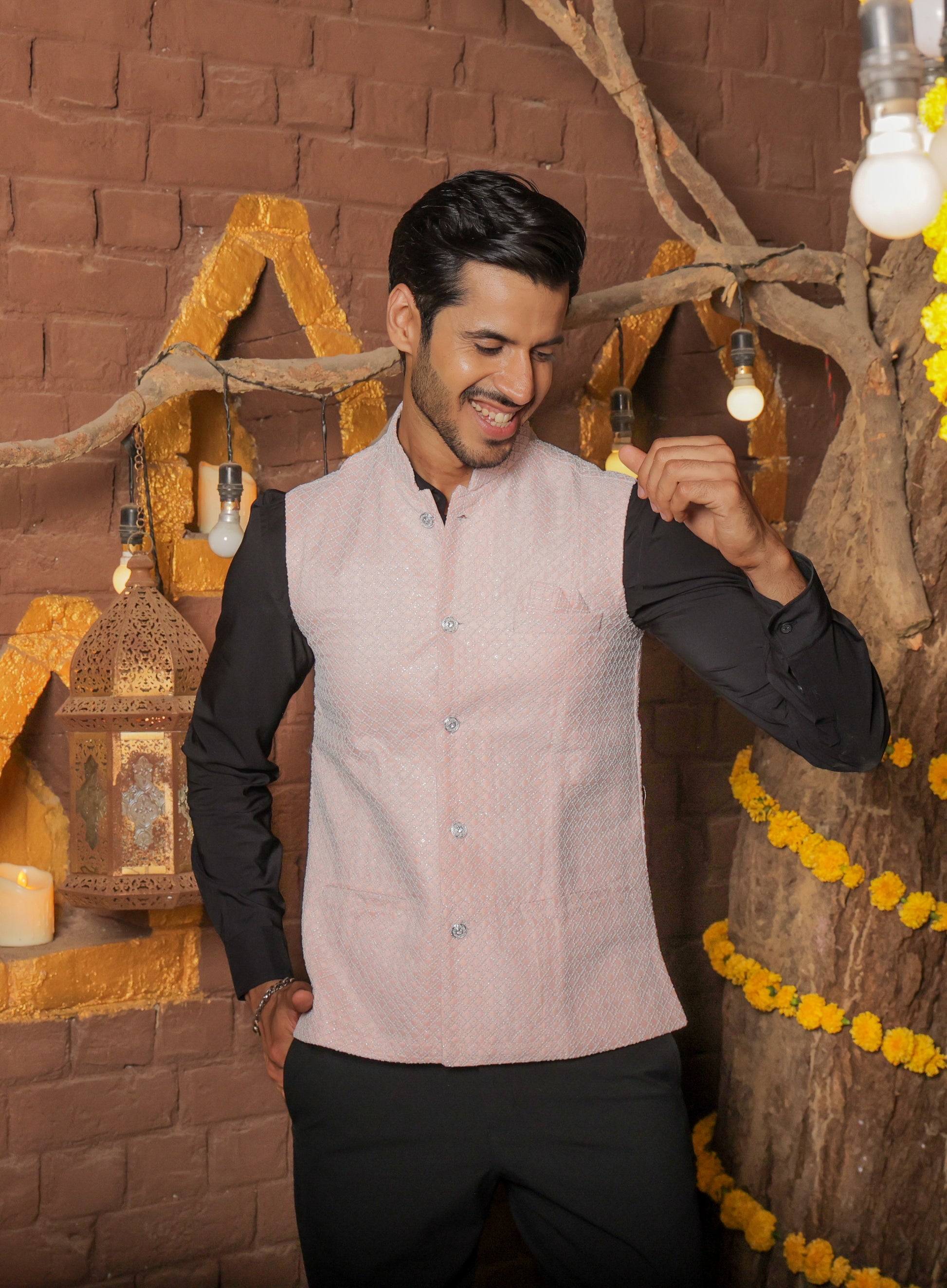 Nehru or Modi peach color jackets featuring self embroidery. Perfect for wearing on social occasions or wedding