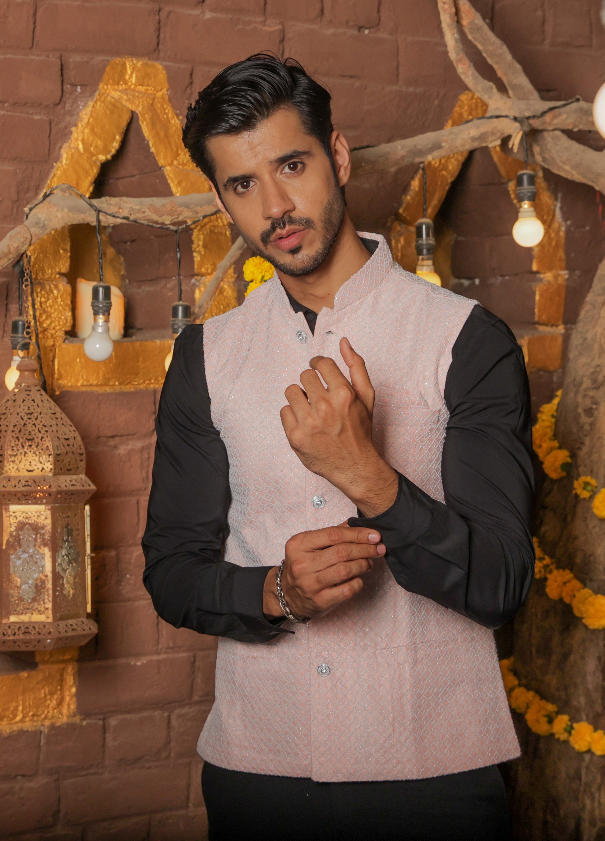 Nehru or Modi peach color jackets featuring self embroidery. Perfect for wearing on social occasions or wedding