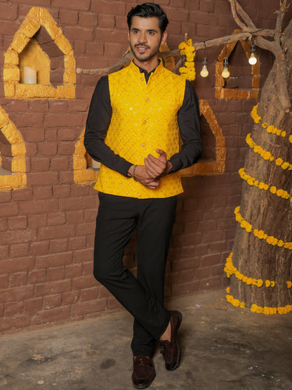 Men's yellow embroidered Nehru jacket for festive and social occasions, and weddings