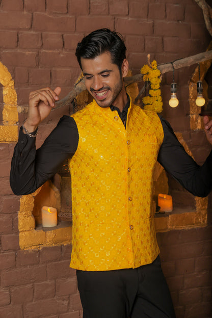 Men's yellow embroidered Nehru jacket for festive and social occasions, and weddings
