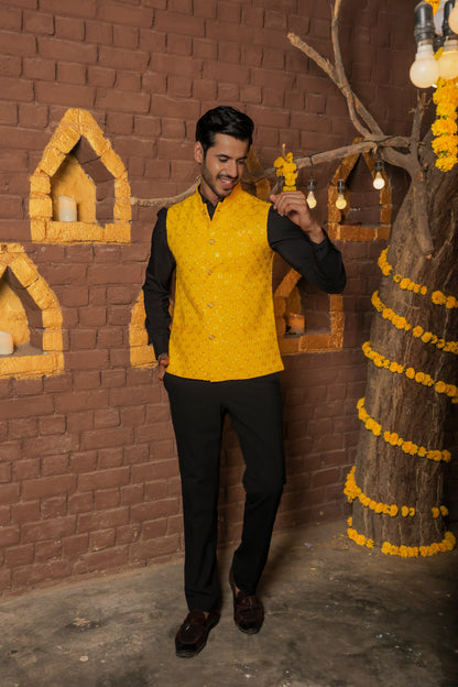 Men's yellow embroidered Nehru jacket for festive and social occasions, and weddings