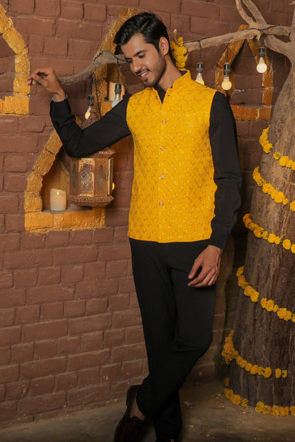 Men's yellow embroidered Nehru jacket for festive and social occasions, and weddings