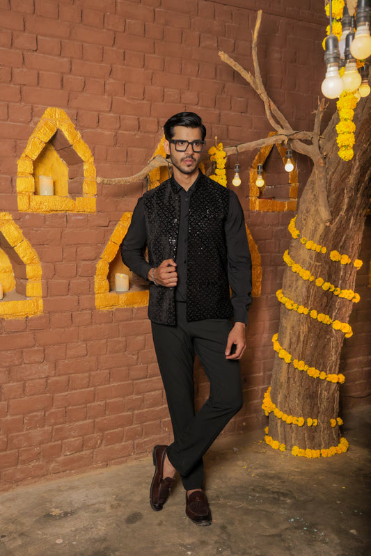 Nehru or Modi jackets featuring dazzling sequin embroidery. Perfect for wearing on social occasions