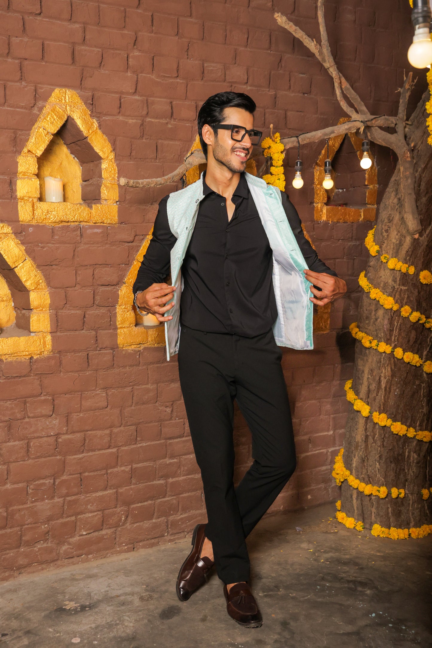 Nehru or Modi light green color jackets featuring self embroidery. Perfect for wearing on social occasions or wedding