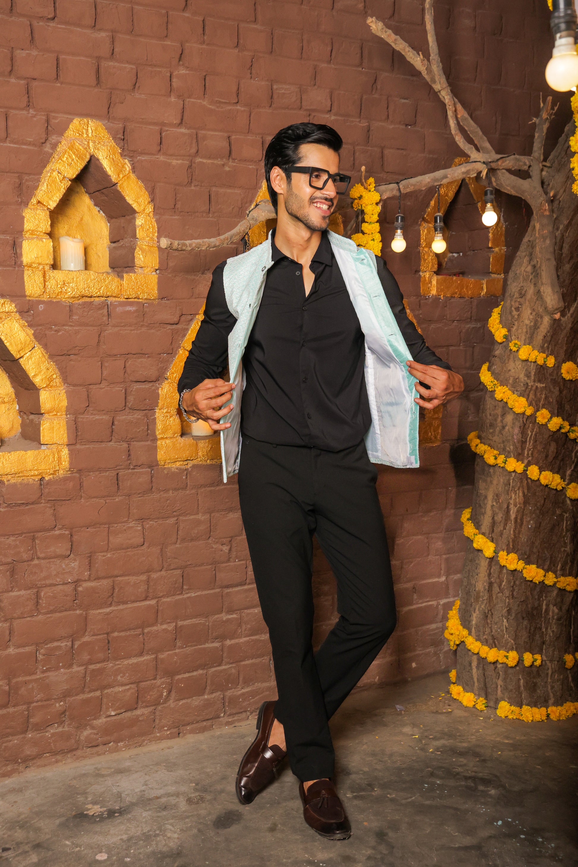 Nehru or Modi light green color jackets featuring self embroidery. Perfect for wearing on social occasions or wedding