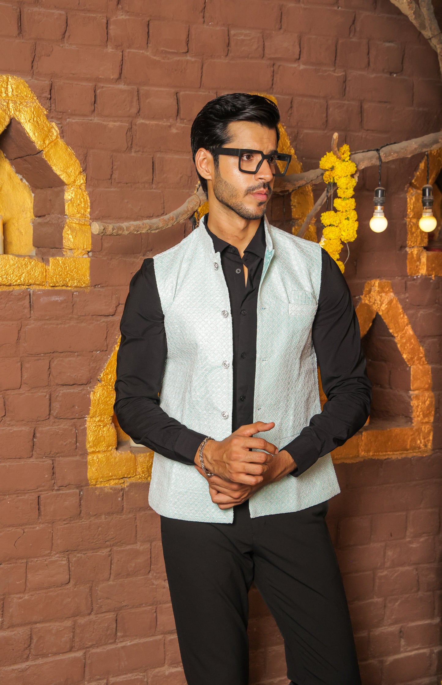 Nehru or Modi light green color jackets featuring self embroidery. Perfect for wearing on social occasions or wedding