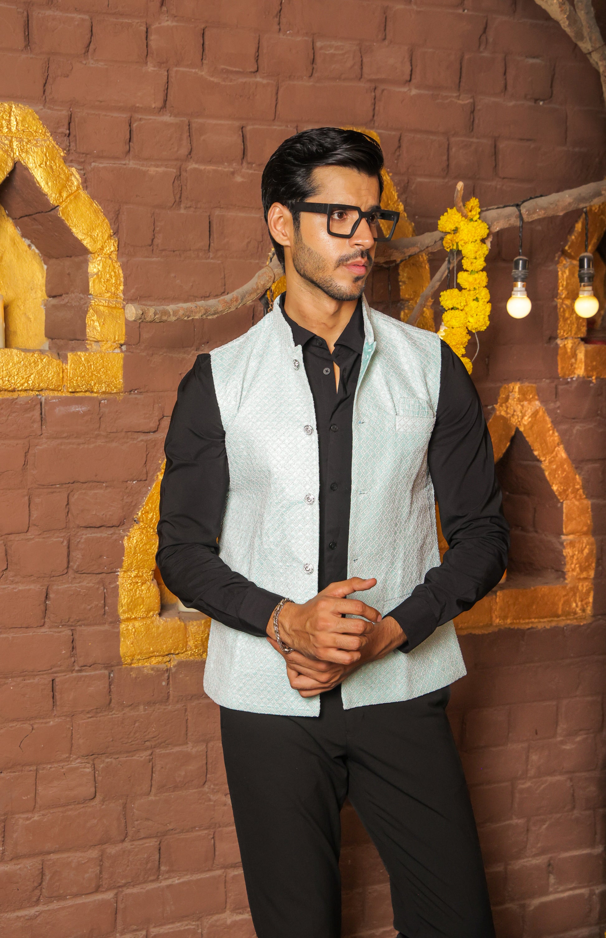 Nehru or Modi light green color jackets featuring self embroidery. Perfect for wearing on social occasions or wedding