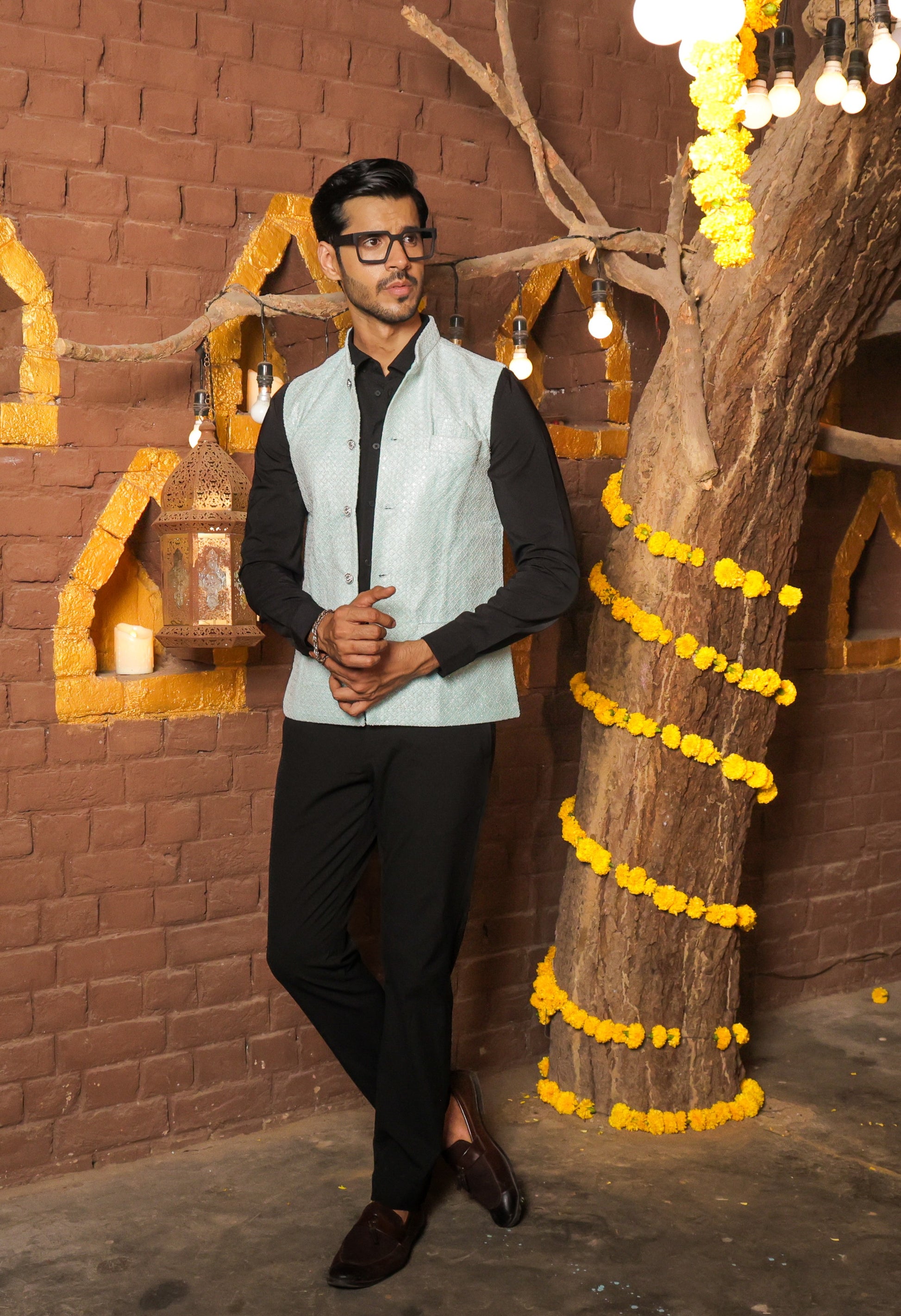 Nehru or Modi light green color jackets featuring self embroidery. Perfect for wearing on social occasions or wedding