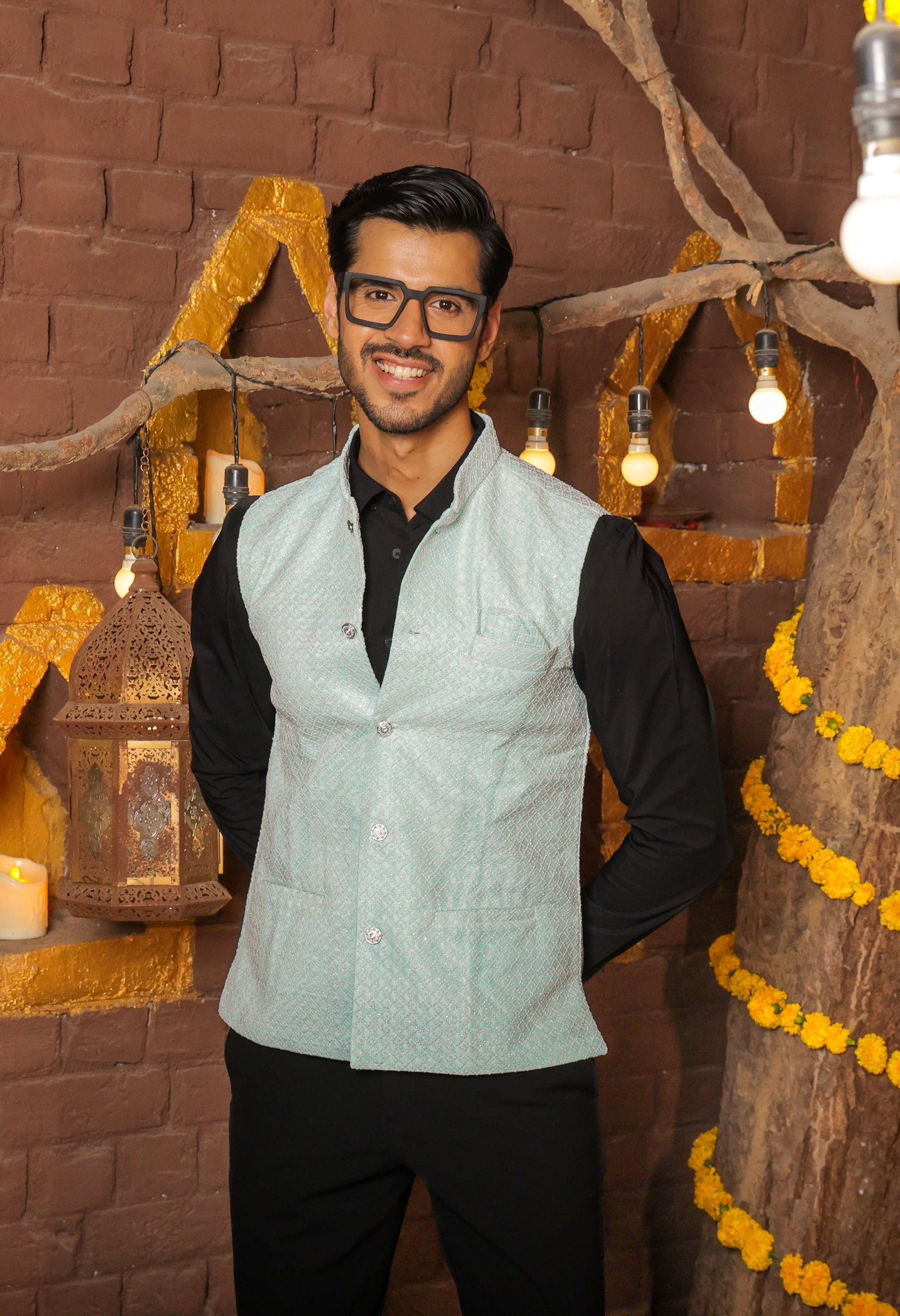Nehru or Modi light green color jackets featuring self embroidery. Perfect for wearing on social occasions or wedding