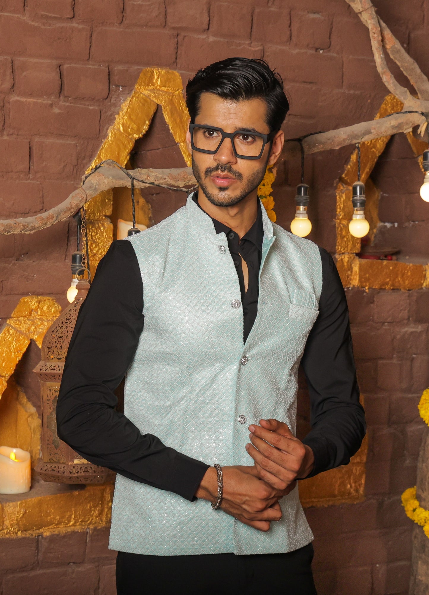 Nehru or Modi light green color jackets featuring self embroidery. Perfect for wearing on social occasions or wedding