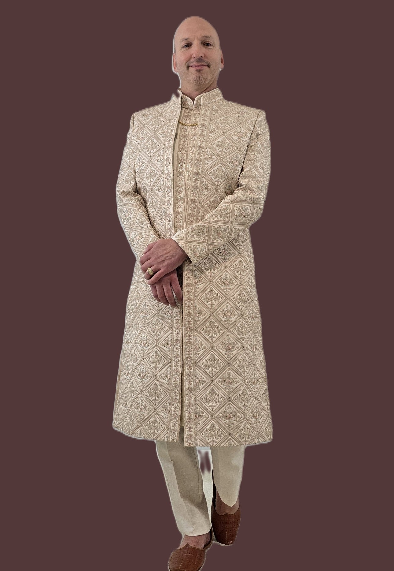 Men's peach color 3-piece indo-western with detailed gray embroidery - Indian ethnic wear for  wedding and festive occasions