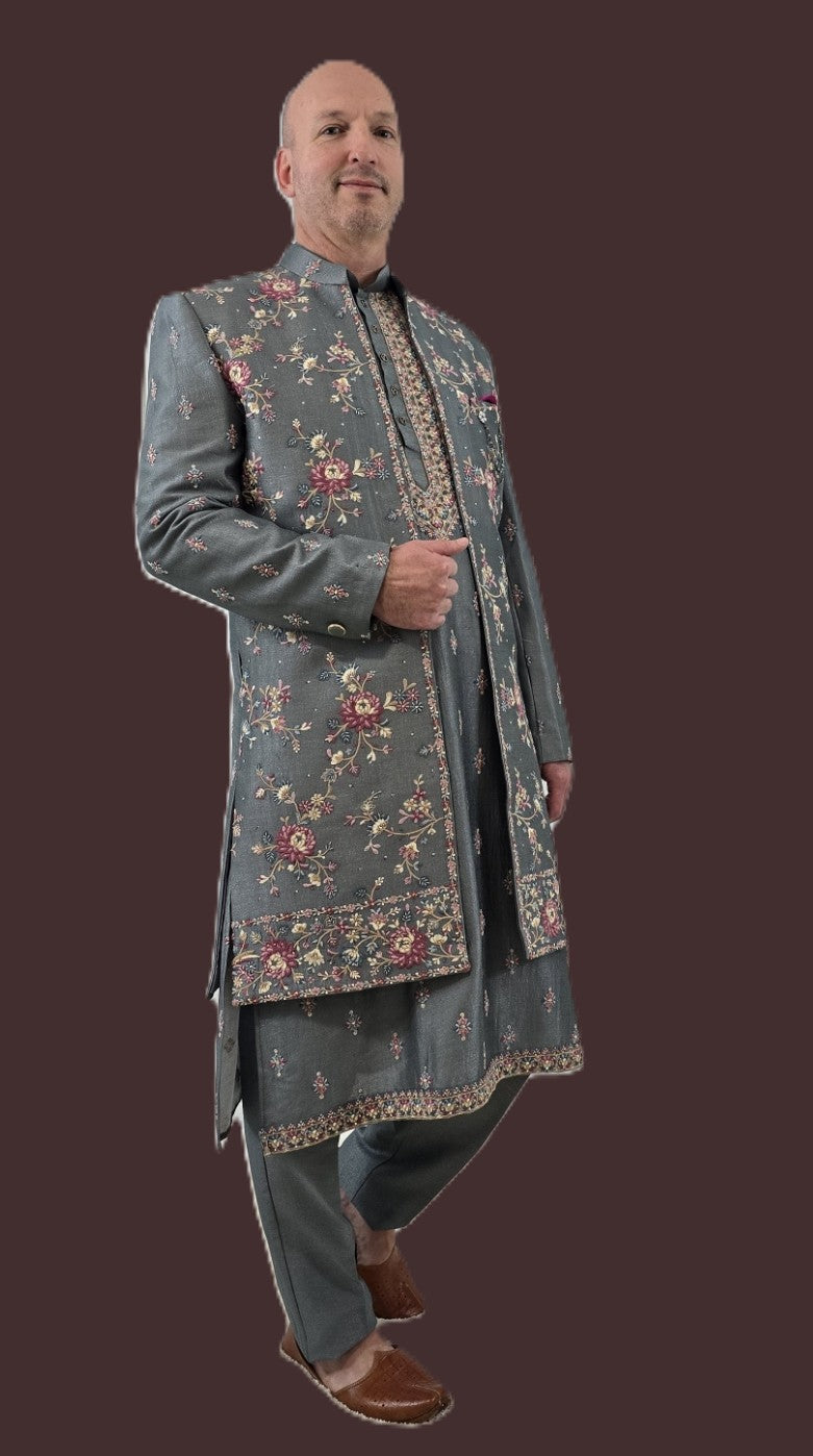 Men's premium gray 3-piece indo-western with detailed gray embroidery - Indian ethnic wear for  wedding and festive occasions