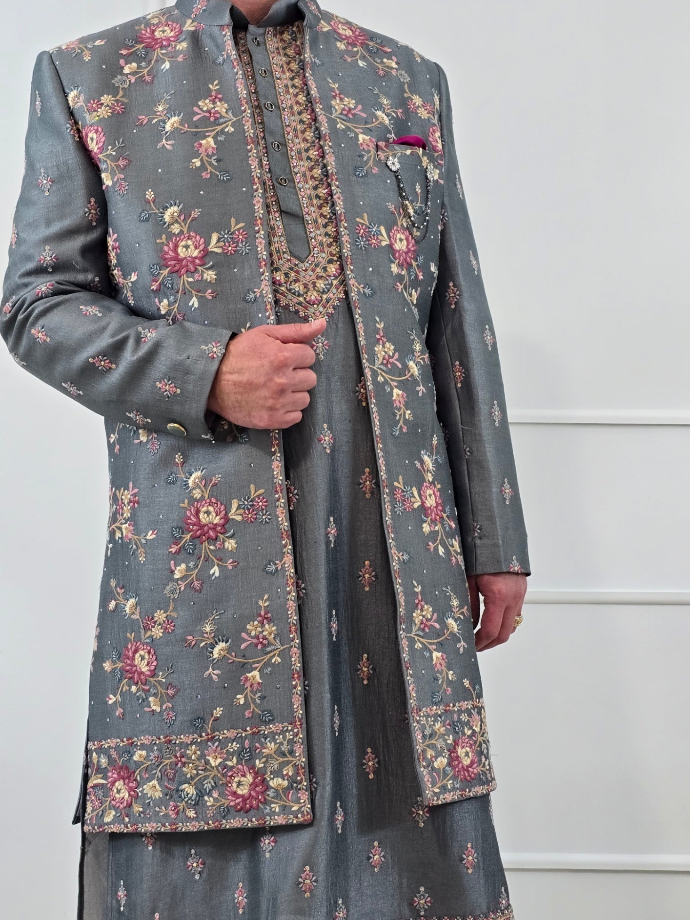 Men's premium gray 3-piece indo-western with detailed gray embroidery - Indian ethnic wear for  wedding and festive occasions
