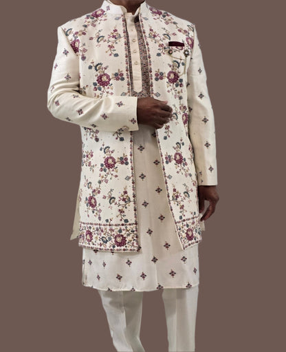 Men's off-white / cream 3-piece indo-western with detailed gray embroidery - Indian ethnic wear for  wedding and festive occasions