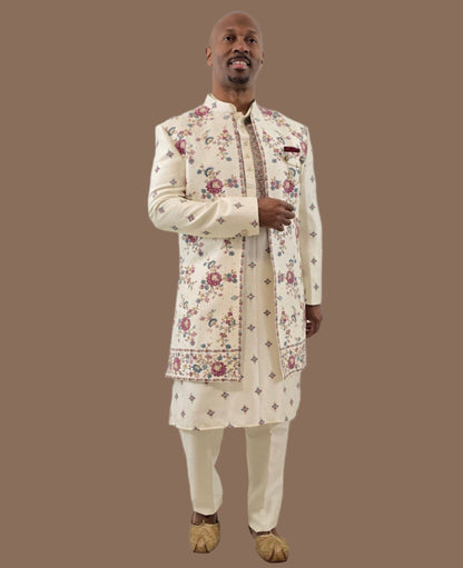 Men's off-white / cream 3-piece indo-western with detailed gray embroidery - Indian ethnic wear for  wedding and festive occasions