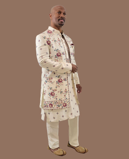 Men's off-white / cream 3-piece indo-western with detailed gray embroidery - Indian ethnic wear for  wedding and festive occasions