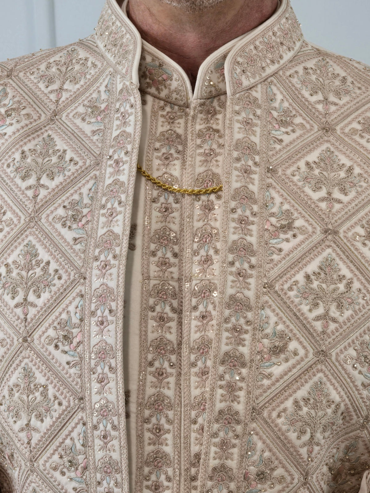Men's peach color 3-piece indo-western with detailed gray embroidery - Indian ethnic wear for  wedding and festive occasions