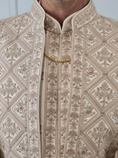 Men's peach color 3-piece indo-western with detailed gray embroidery - Indian ethnic wear for  wedding and festive occasions