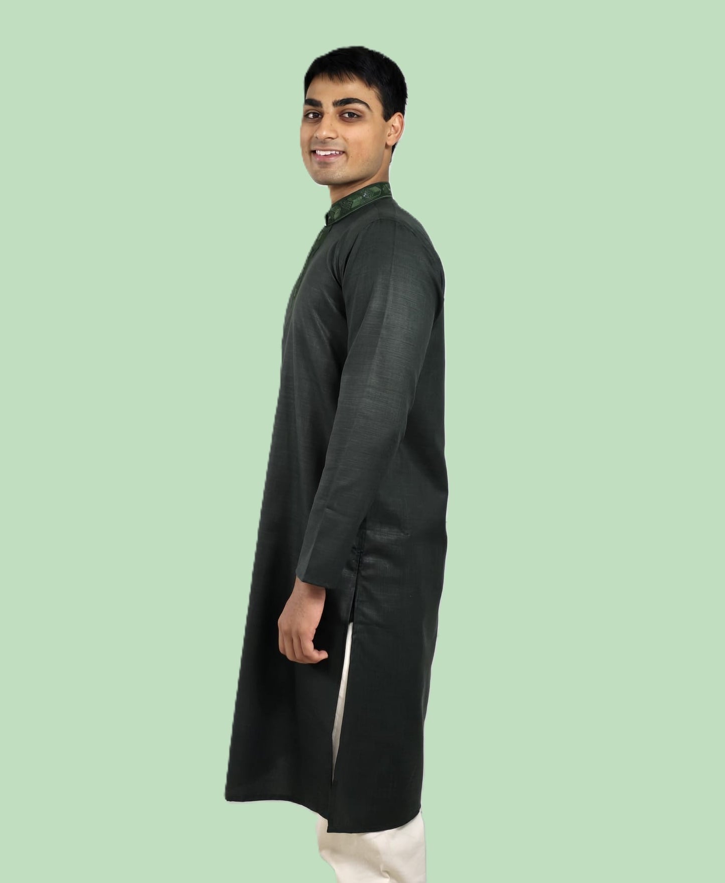 Men's bottle green kurta with embroidered neckline paired with white churidar, mandarin collar, side pockets, full sleeves - premium Indian formal wear for weddings and special occasions