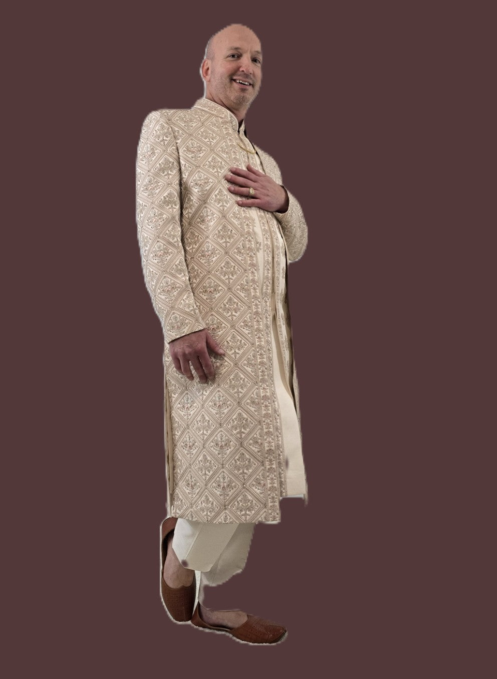 Men's peach color 3-piece indo-western with detailed gray embroidery - Indian ethnic wear for  wedding and festive occasions