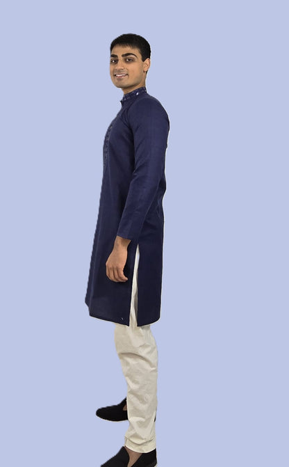 Men's navy blue or purple color kurta with embroidered neckline paired with white churidar, mandarin collar, side pockets, full sleeves - premium Indian formal wear for weddings and special occasions
