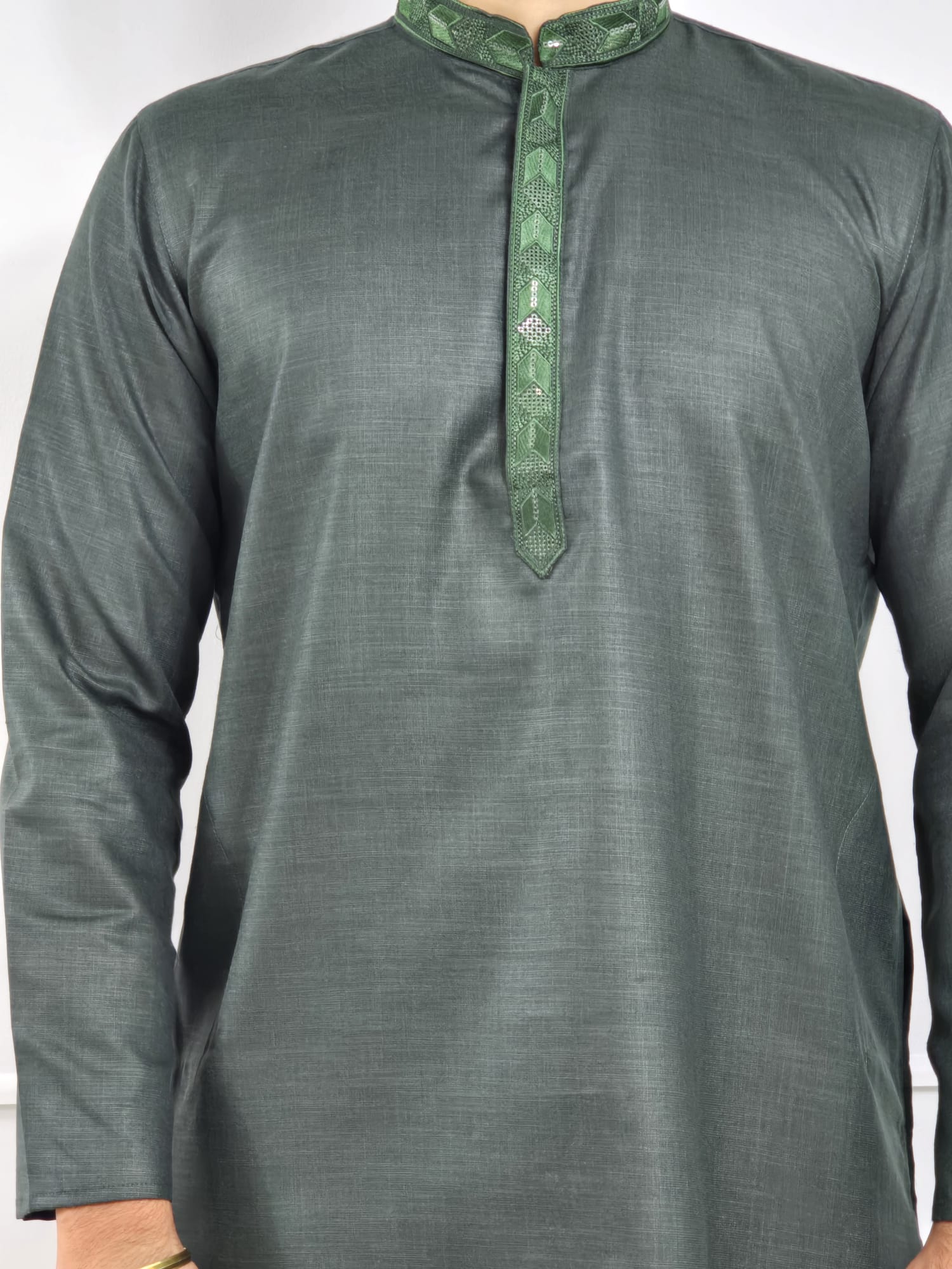 Men's bottle green kurta with embroidered neckline paired with white churidar, mandarin collar, side pockets, full sleeves - premium Indian formal wear for weddings and special occasions