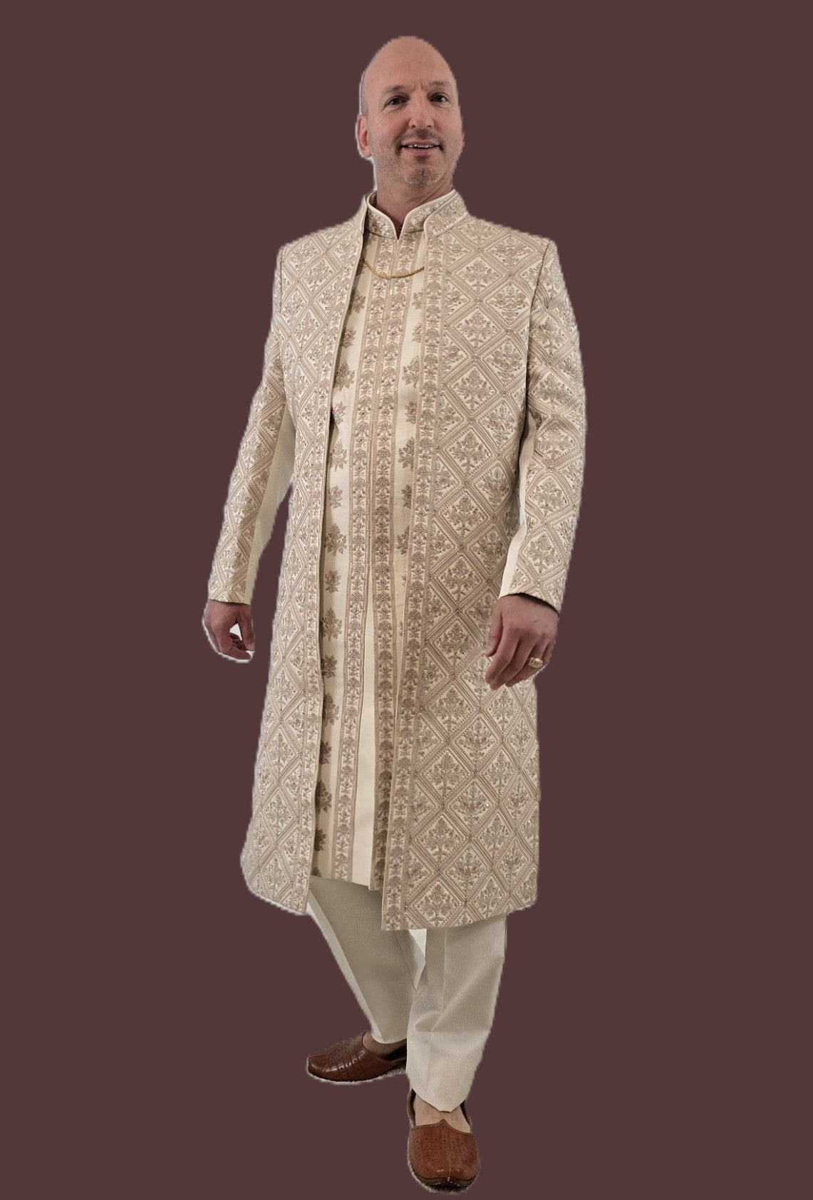Men's peach color 3-piece indo-western with detailed gray embroidery - Indian ethnic wear for  wedding and festive occasions