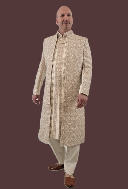 Men's peach color 3-piece indo-western with detailed gray embroidery - Indian ethnic wear for  wedding and festive occasions