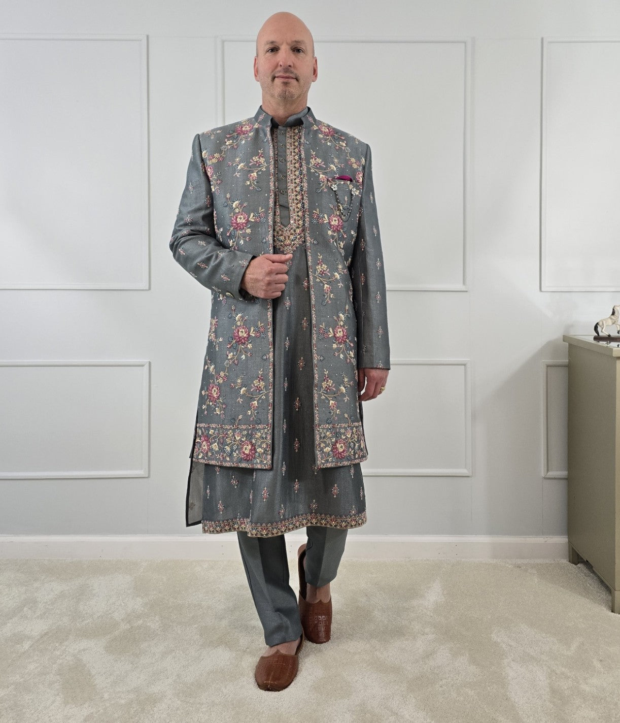 Men's premium gray 3-piece indo-western with detailed gray embroidery - Indian ethnic wear for  wedding and festive occasions