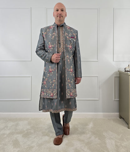 Men's premium gray 3-piece indo-western with detailed gray embroidery - Indian ethnic wear for  wedding and festive occasions