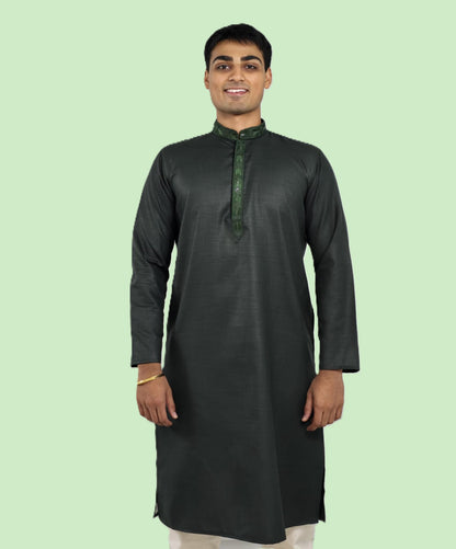 Men's bottle green kurta with embroidered neckline paired with white churidar, mandarin collar, side pockets, full sleeves - premium Indian formal wear for weddings and special occasions