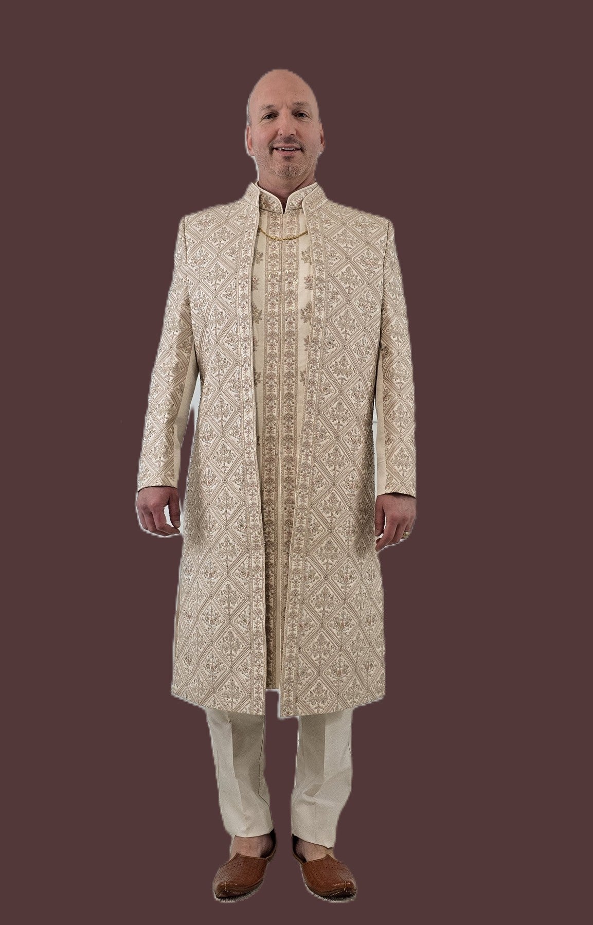 Men's peach color 3-piece indo-western with detailed gray embroidery - Indian ethnic wear for  wedding and festive occasions