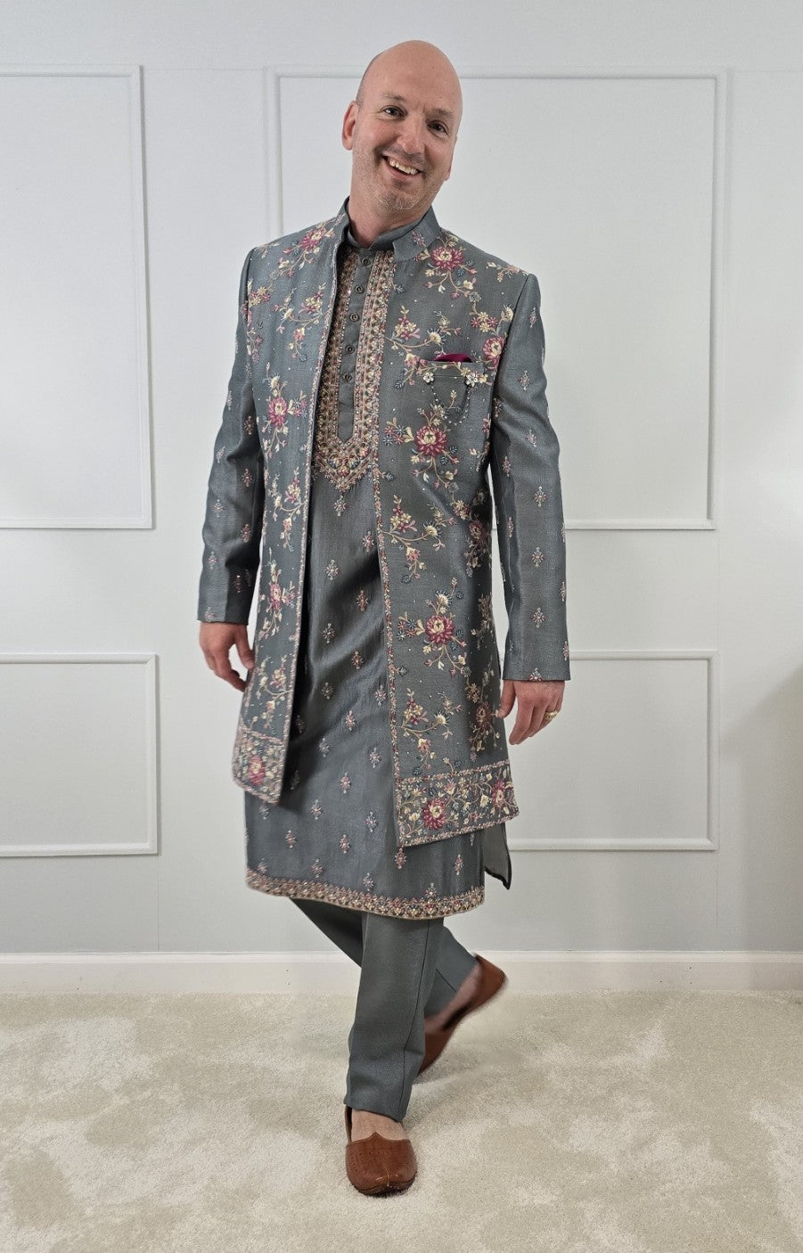 Men's premium gray 3-piece indo-western with detailed gray embroidery - Indian ethnic wear for  wedding and festive occasions
