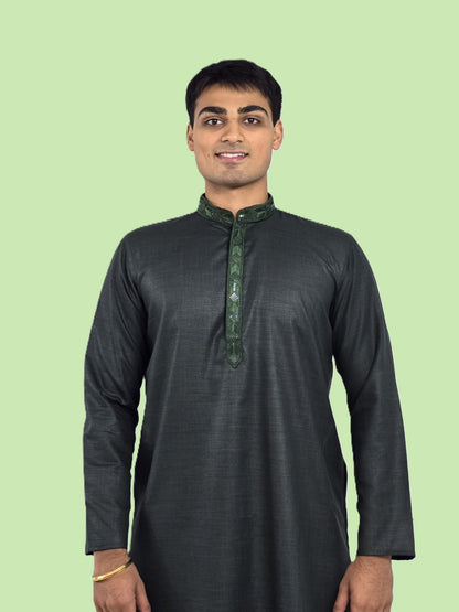 Men's bottle green kurta with embroidered neckline paired with white churidar, mandarin collar, side pockets, full sleeves - premium Indian formal wear for weddings and special occasions