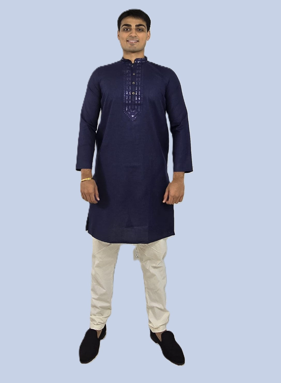 Men's navy blue or purple color kurta with embroidered neckline paired with white churidar, mandarin collar, side pockets, full sleeves - premium Indian formal wear for weddings and special occasions